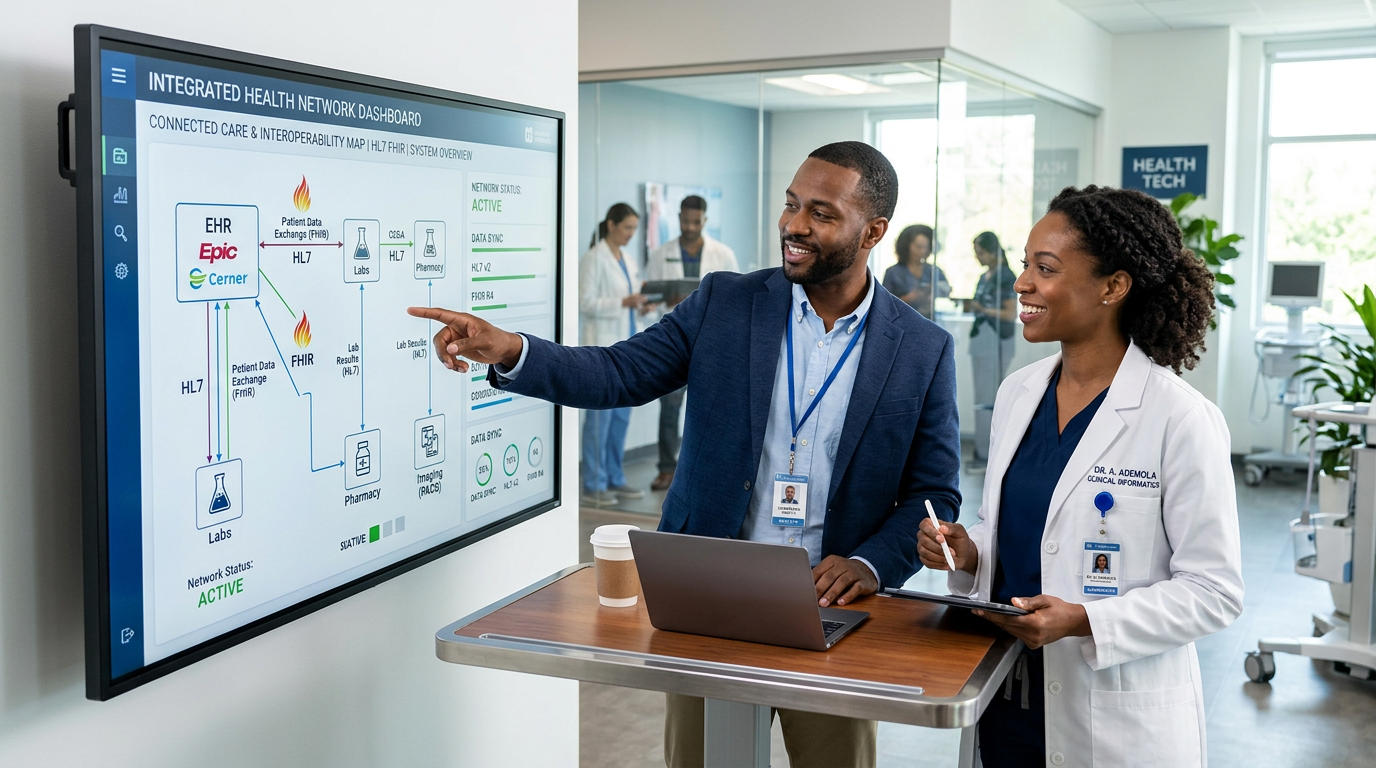 Black clinicians reviewing interoperable health records and connected systems