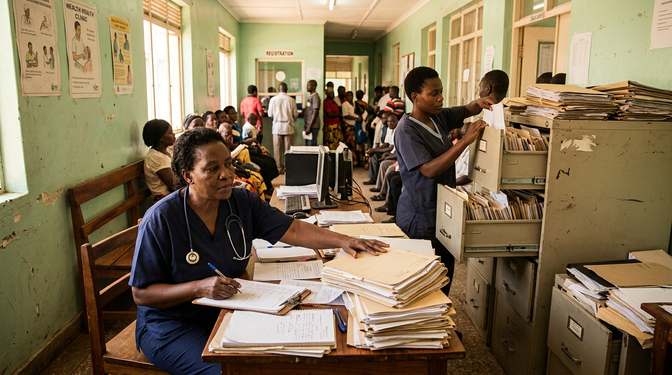Black healthcare workers in a clinic with paper records and fragmented systems